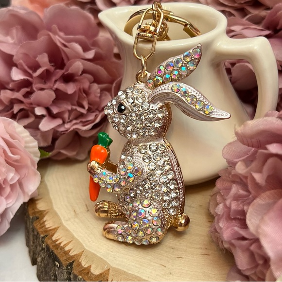 Silver Crystal Bunny Rabbit with Carrot Keychain Charm - Picture 3 of 16